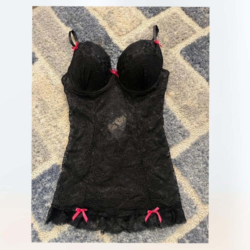 Dreamgirl Women's Black and Pink Lace Lingerie Slip Dress Size Large
